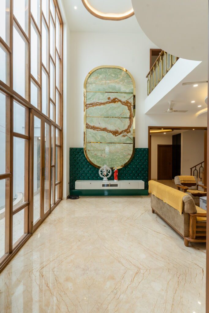 double height glass wall and onyx wall panels design